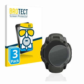 Front side of a product packaging with the brand logo BROTECT. Next to it is the device Garmin Instinct 2X Solar shown with th