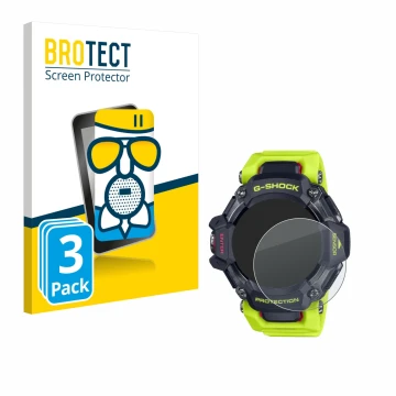Front side of a product packaging with the brand logo BROTECT. Next to it is the device Casio G-Shock GBD-H2000 shown with the