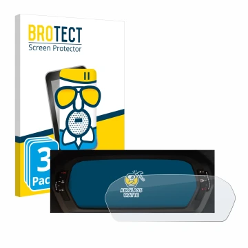 Front side of a product packaging with the brand logo BROTECT. Next to it is the device Audi A3 2023 Virtual cockpit Plus show