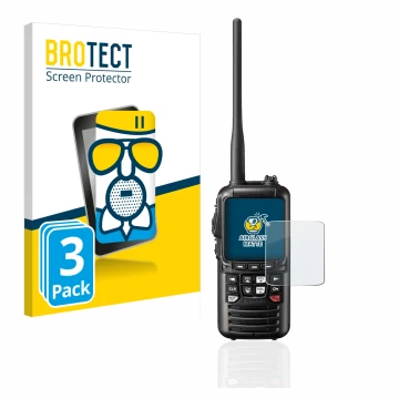 Front side of a product packaging with the brand logo BROTECT. Next to it is the device Standard Horizon HX890 shown with the 
