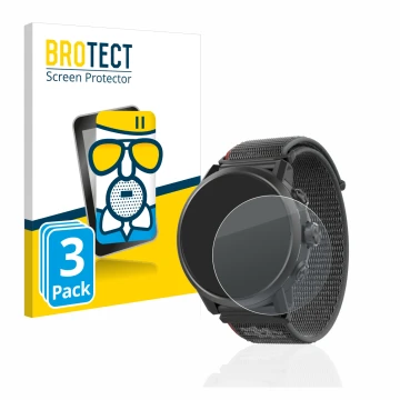 Front side of a product packaging with the brand logo BROTECT. Next to it is the device Coros Apex 2 shown with the correspond