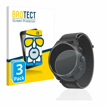 Front side of a product packaging with the brand logo BROTECT. Next to it is the device Coros Apex 2 Pro shown with the corres
