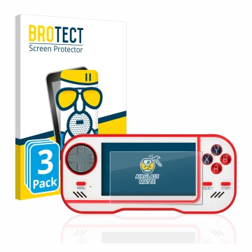 Front side of a product packaging with the brand logo BROTECT. Next to it is the device Blaze Evercade shown with the correspo