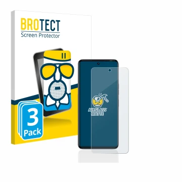 Front side of a product packaging with the brand logo BROTECT. Next to it is the device Tecno Camon 20 shown with the correspo
