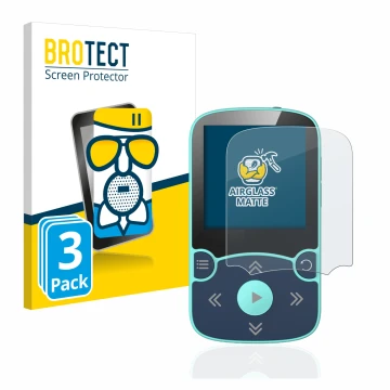 Front side of a product packaging with the brand logo BROTECT. Next to it is the device AGPtek A65X MP3 Player with clip shown