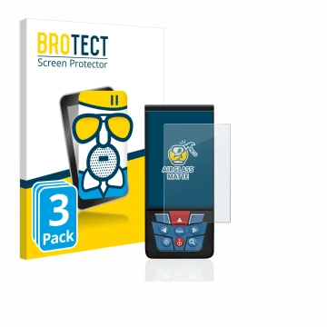 Front side of a product packaging with the brand logo BROTECT. Next to it is the device Bosch GLM 100-25c shown with the corre