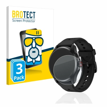 Front side of a product packaging with the brand logo BROTECT. Next to it is the device Mobvoi TicWatch Pro 5 shown with the c