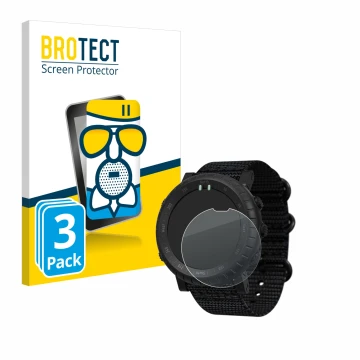 Front side of a product packaging with the brand logo BROTECT. Next to it is the device Suunto Core Alpha shown with the corre