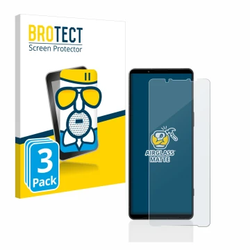 Front side of a product packaging with the brand logo BROTECT. Next to it is the device Sony Xperia 1 V shown with the corresp