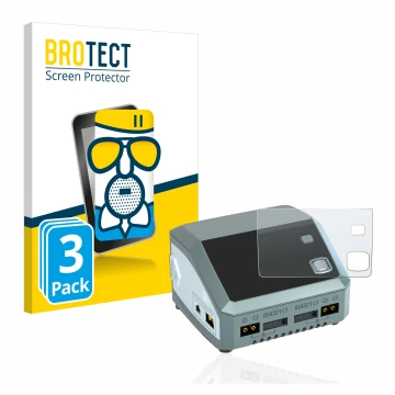 Front side of a product packaging with the brand logo BROTECT. Next to it is the device SkyRc D200 neo shown with the correspo