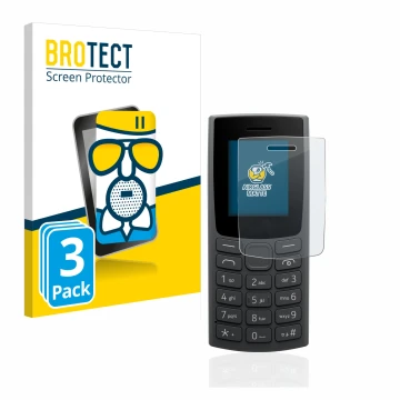 Front side of a product packaging with the brand logo BROTECT. Next to it is the device Nokia 110 (2023) shown with the corres