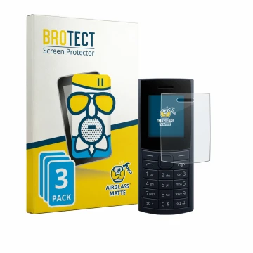 Front side of a product packaging with the brand logo BROTECT. Next to it is the device Nokia 110 4G (2023) shown with the cor