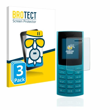 Front side of a product packaging with the brand logo BROTECT. Next to it is the device Nokia 105 4G (2023) shown with the cor