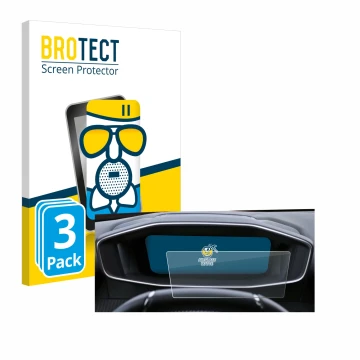 Front side of a product packaging with the brand logo BROTECT. Next to it is the device Peugeot 2008 2022 Cockpit shown with t