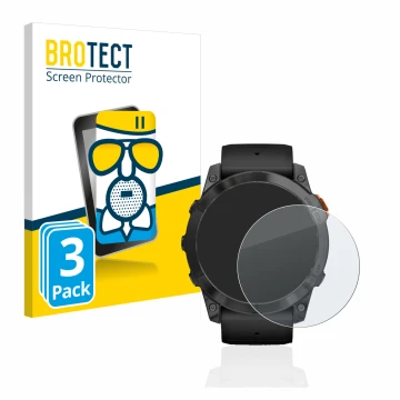 Front side of a product packaging with the brand logo BROTECT. Next to it is the device Garmin Fenix 7X Pro Solar (51 mm) show