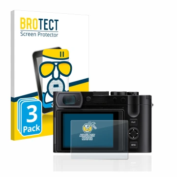 Front side of a product packaging with the brand logo BROTECT. Next to it is the device Leica Q3 shown with the corresponding 