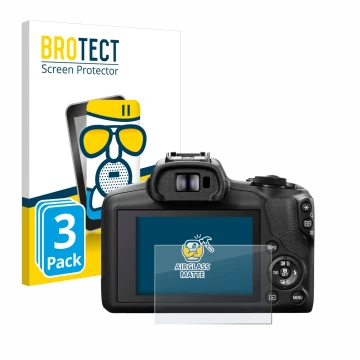 Front side of a product packaging with the brand logo BROTECT. Next to it is the device Canon EOS R100 shown with the correspo