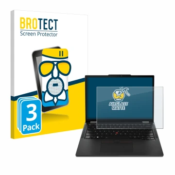 Front side of a product packaging with the brand logo BROTECT. Next to it is the device Lenovo ThinkPad X13 Gen 4 shown with t