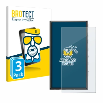 Front side of a product packaging with the brand logo BROTECT. Next to it is the device Sony Walkman NW-A306 shown with the co