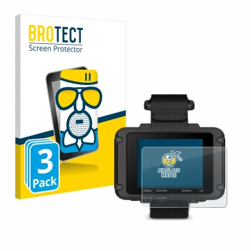 Front side of a product packaging with the brand logo BROTECT. Next to it is the device Garmin Foretrex 801 shown with the cor