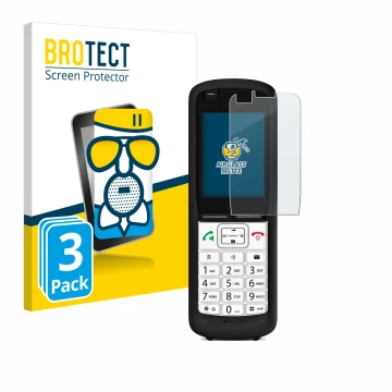 Front side of a product packaging with the brand logo BROTECT. Next to it is the device Unify OpenScape DECT Phone R6 shown wi