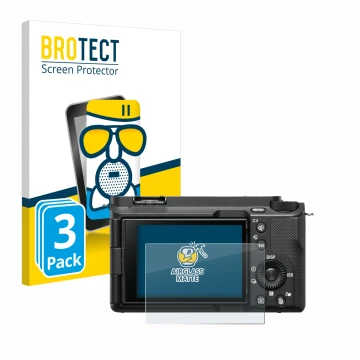 Front side of a product packaging with the brand logo BROTECT. Next to it is the device Sony Alpha ZV-E1 shown with the corres
