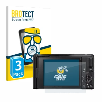 Front side of a product packaging with the brand logo BROTECT. Next to it is the device Sony ZV-1M2 shown with the correspondi