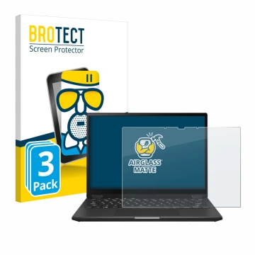 Front side of a product packaging with the brand logo BROTECT. Next to it is the device ASUS ROG Flow X13 2023 shown with the 