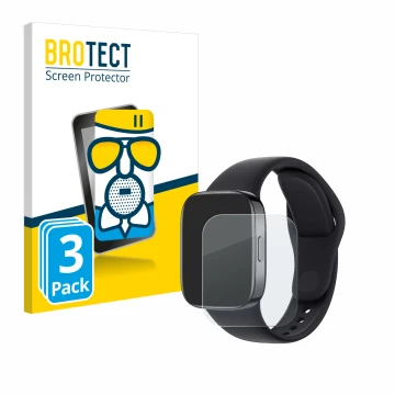 Front side of a product packaging with the brand logo BROTECT. Next to it is the device Xiaomi Redmi Watch 3 shown with the co