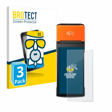 Front side of a product packaging with the brand logo BROTECT. Next to it is the device Sunmi V2 Pro shown with the correspond