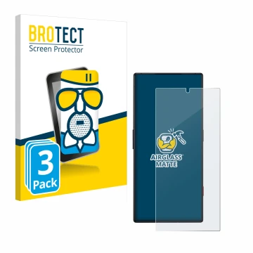 Front side of a product packaging with the brand logo BROTECT. Next to it is the device ZTE Nubia Red Magic 8S Pro shown with 