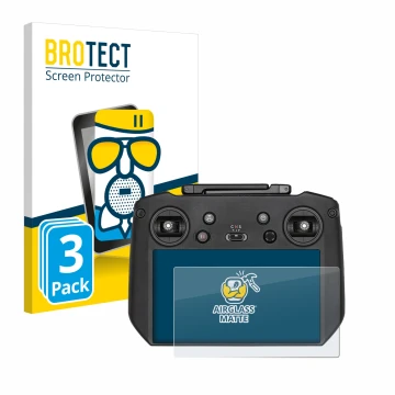 Front side of a product packaging with the brand logo BROTECT. Next to it is the device DJI Mavic 3 RC Pro shown with the corr