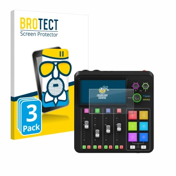 Front side of a product packaging with the brand logo BROTECT. Next to it is the device Rode Rodecaster Duo shown with the cor