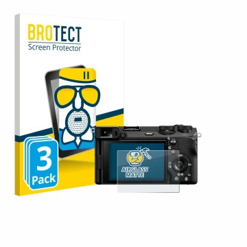 Front side of a product packaging with the brand logo BROTECT. Next to it is the device Sony Alpha 6700 shown with the corresp