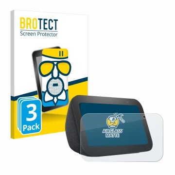 Front side of a product packaging with the brand logo BROTECT. Next to it is the device Amazon Echo Show 5 (3th Gen.) shown wi