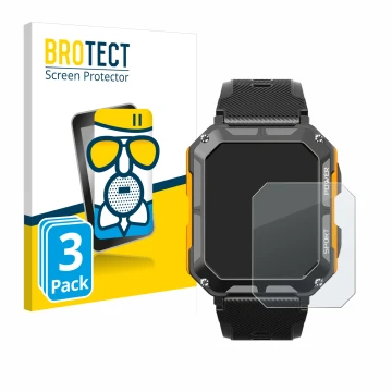 Front side of a product packaging with the brand logo BROTECT. Next to it is the device Njord Gear The Indestructible Smartwat