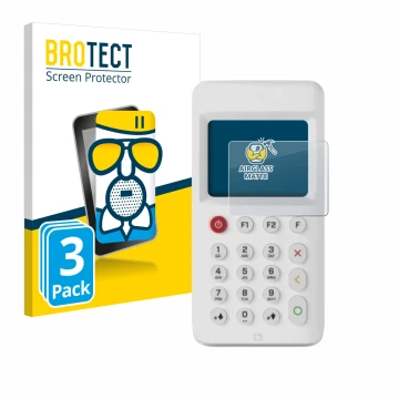 Front side of a product packaging with the brand logo BROTECT. Next to it is the device myPOS Go 2 shown with the correspondin
