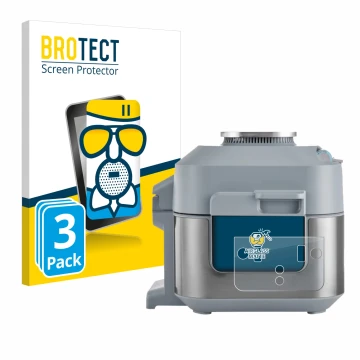 Front side of a product packaging with the brand logo BROTECT. Next to it is the device Ninja Speedi Rapid Cooking System show