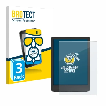 Front side of a product packaging with the brand logo BROTECT. Next to it is the device PocketBook InkPad 4 shown with the cor