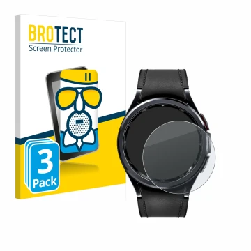 Front side of a product packaging with the brand logo BROTECT. Next to it is the device Samsung Galaxy Watch 6 Classic (43 mm)