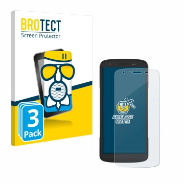 Front side of a product packaging with the brand logo BROTECT. Next to it is the device Zebra TC27 shown with the correspondin