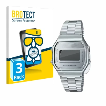 Front side of a product packaging with the brand logo BROTECT. Next to it is the device Casio A168WEM-7EF shown with the corre