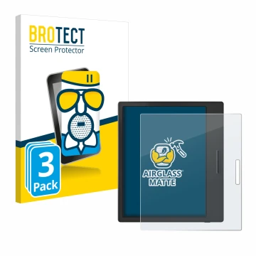 Front side of a product packaging with the brand logo BROTECT. Next to it is the device Boox Page shown with the corresponding