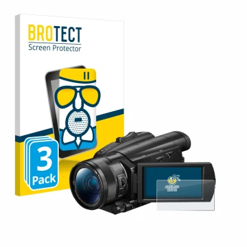 Front side of a product packaging with the brand logo BROTECT. Next to it is the device Sony FDR-AX700 shown with the correspo