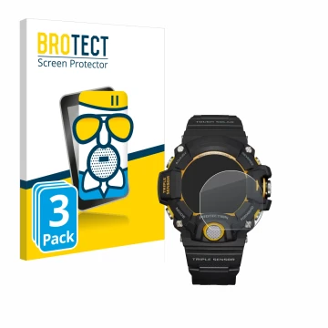 Front side of a product packaging with the brand logo BROTECT. Next to it is the device Casio G-Shock GW-9400Y-1 shown with th