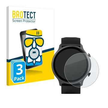 Front side of a product packaging with the brand logo BROTECT. Next to it is the device Hama Fit Watch 6910 shown with the cor