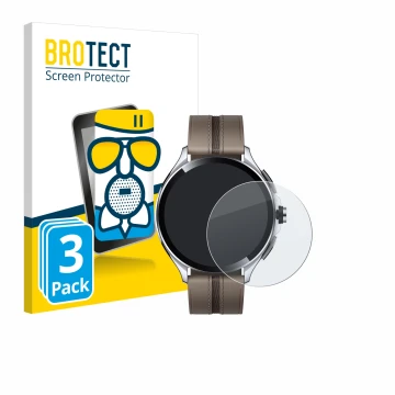 Front side of a product packaging with the brand logo BROTECT. Next to it is the device Xiaomi Watch 2 Pro shown with the corr
