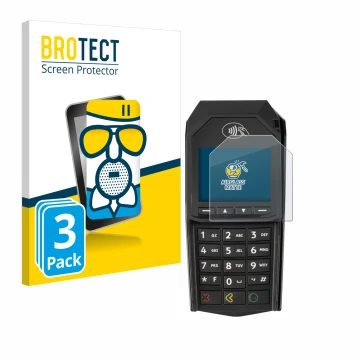 Front side of a product packaging with the brand logo BROTECT. Next to it is the device ingenico Lane/3000 (non-touch) shown w