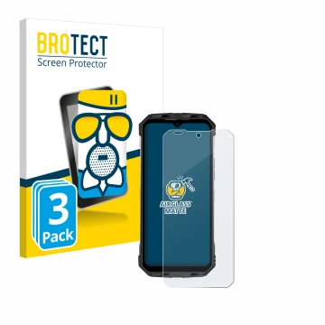 Front side of a product packaging with the brand logo BROTECT. Next to it is the device Doogee S110 shown with the correspondi