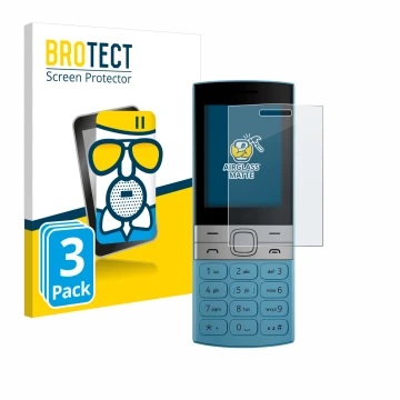 Front side of a product packaging with the brand logo BROTECT. Next to it is the device Nokia 150 (2023) shown with the corres